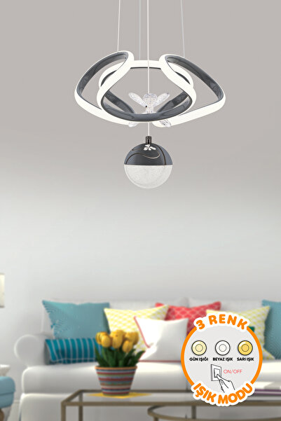 Dekorluna Simon Antrasit Modern Sarkıt 3 Renk Işık Avize Salon Mutfak Oda Hol...