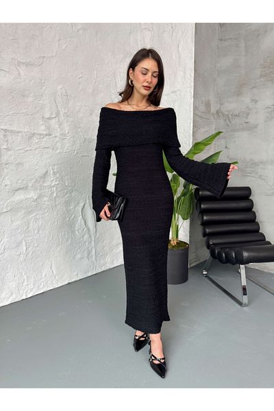 Elif Özbey Butik Rochie neagră din tricotaje texturate cu guler Madonna