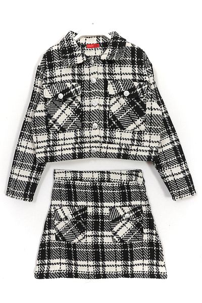 DobaKids Stamp Fabric Shirt Collar Button Detailed Crop Jacket Skirt Set