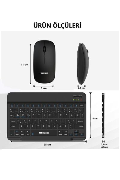 urzuva Tüm Cihazlara Uyumlu Şarj Edilebilir Bluetoothlu Kablosuz Klavye Mouse Set Mousepadli