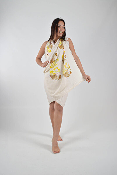 CASPARA Müslin Pamuklu Kumaş Peştemal I Elephant Gold Desen I 90x180 I Yazlık Naturel Baskılı Peştemal