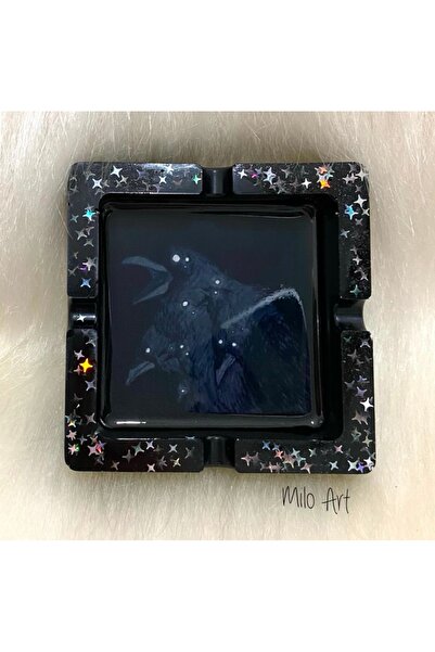 Milo Art El Yapımı Kuzgun Temalı Pullu Epoksi Küllük Kül Tabağı