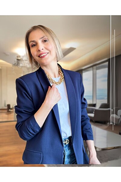 Aylish Lacivert Kolu Büzgülü Premium Ceket