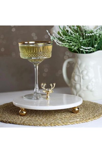 Akayev Marble 20 Cm White Gold Bead Footed Deer Presentation Plate