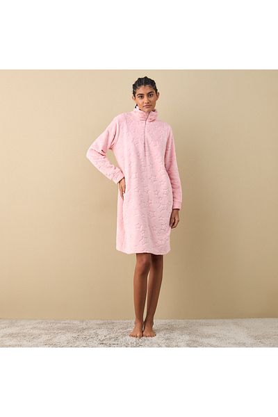 FAV Textured Long Sleeves Sleepshirt with Half Zip Closure