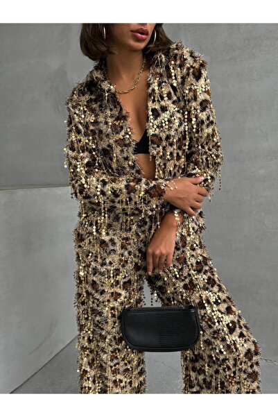 TOPSHOW Leopar desen payet saçaklı püsküllü kadın pantolon
