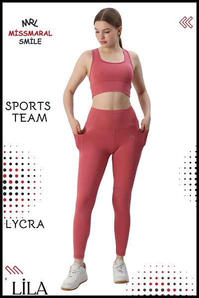 missmaral Γυναικείο κοστούμι Pilates Fitness High Waist Lycra - Κολάν Slim Fit, Διπλή τσέπη, ROSE 3065