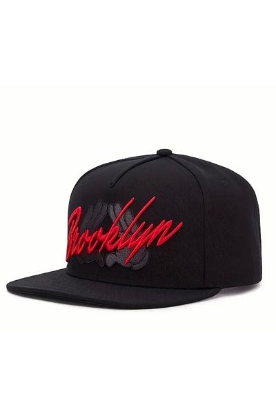HatClub Exclusive Men's Black-Red Hip Hop Cap with Brooklyn Embroidery Adjustable Back Cotton