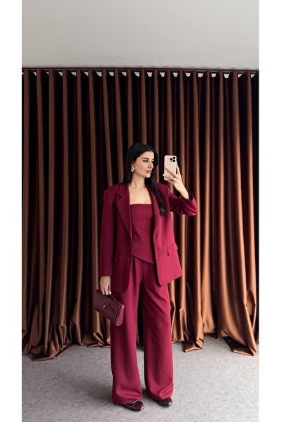 buqre's moda Women's Premium Asymmetrical Blouse Detailed Blazer Jacket Pants Triple Suit