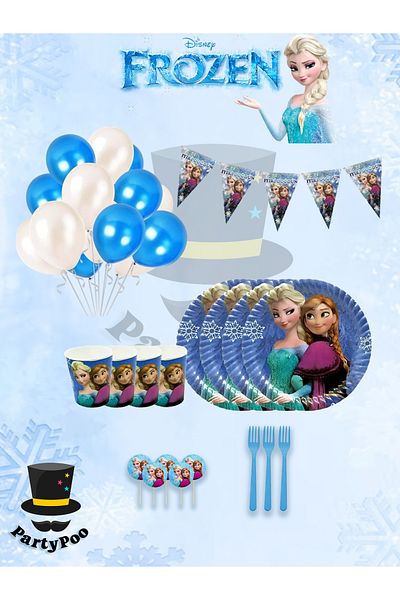 PartyPoo Frozen Elsa Mini Birthday Party Set - 16 Άτομα |   Προμήθειες για πάρτι με θέμα την Elsa & Anna