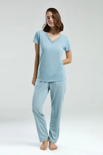 Pierre Cardin Women &Apos; S Sleepwear with Viscose Blend, Lace Collar, Short Sleeve, Pockets, Blue