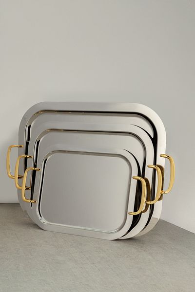 ALSAIF طقم صواني تقديم من 3 قطع، تصميم عصري وأنيق يضفي لمسة مميزة على أي مساحة، ذهبي/فضي