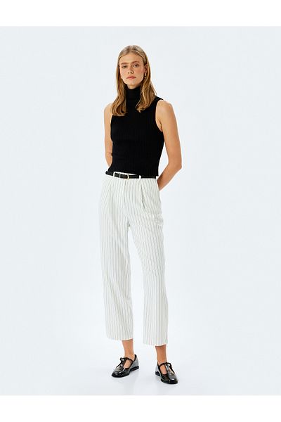 Koton New Season Viscose Blended Belted Pocket Striped Fabric Trousers