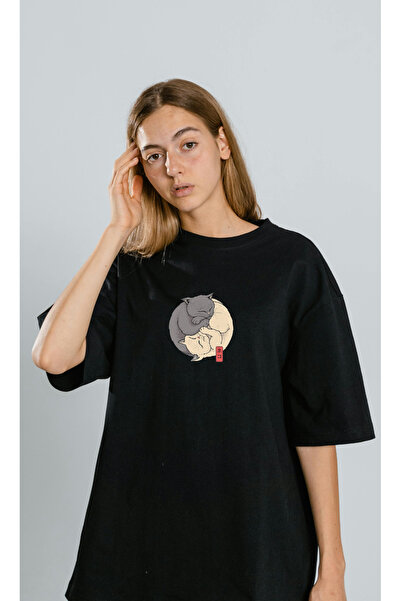 Frisson Tricou OVERSIZE Imprimat Oversize Crew Gât CHINESE CAT