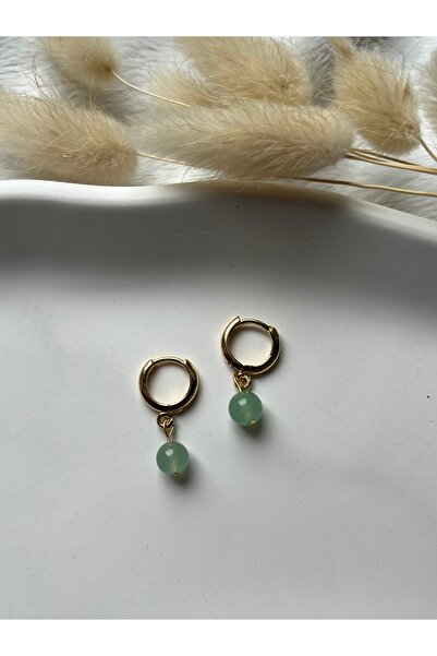 PelvedDesign Yuvarlak Aventurin Doğal Taş 24k Altın Kaplama Küpe