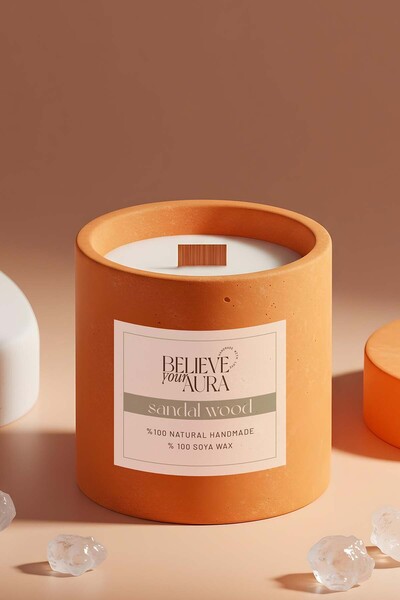 Believe Your Aura Sandal Ağacı Kokulu Beton Mum - %100 Doğal Soya Mumu Ahşap Fitilli Turuncu Beton Kokulu Mum - 400 cc