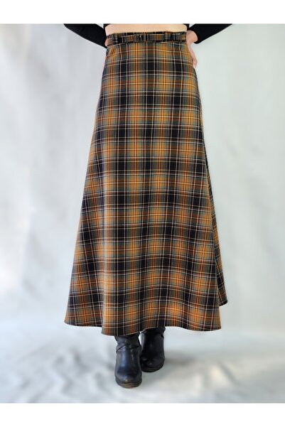 YAXİ HARDAL RENGİ EKOSELİ KEMER DETAYLI KIŞLIK DOKUMA MAXİ ETEK