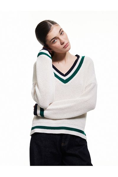 Koton Long Sleeve V-Neck Striped Knitwear Oversize Sweater