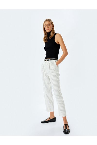 Koton New Season Viscose Blended Belted Pocket Striped Fabric Trousers