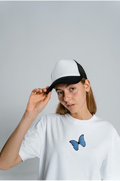 Frisson Tricou oversize cu guler rotund - imprimeu fluture albastru