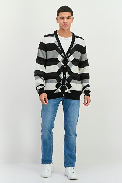 Perry Ellis Men V-Neck Long Sleeves Striped Cardigan, Black