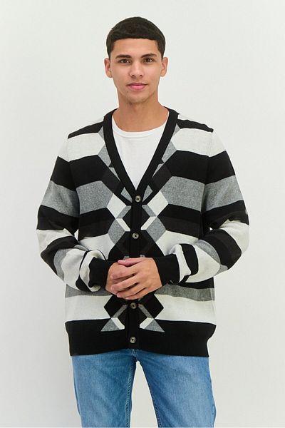 Perry Ellis Men V-neck Long Sleeves Striped Cardigan, Black