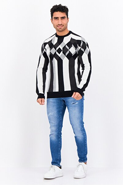 Perry Ellis Men Crew Neck Long Sleeves Diamond Pattern Sweater, Black