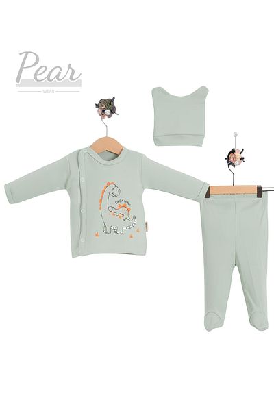 Pear Wear Dinosaur Patterned 3-Piece Hospital Release 100% Cotton Organic Baby Set