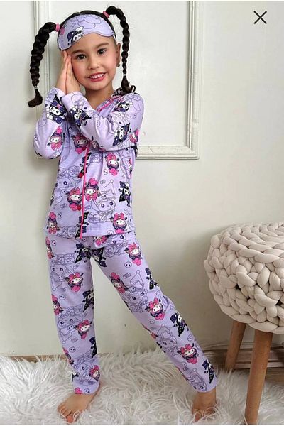 PİJAKİDS Eye Patch Front Button Thin Fabric Girl's Pajama Suit