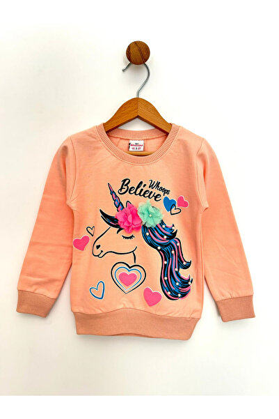 By Cwhr %100 Pamuk 2 İpliik Boncuklu Çiçekli Unicorn Baskılı Manşet Kollu Mevsimlik Kız Çocuk Sweatshirt