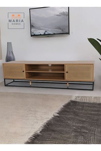 MARIA HOMES Modern TV Stand with Rattan Doors 180x39x48 Wooden & Metal Frame Stylish & Durable