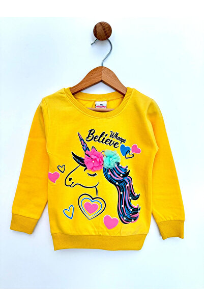By Cwhr %100 Pamuk 2 İpliik Boncuklu Çiçekli Unicorn Baskılı Manşet Kollu Mevsimlik Kız Çocuk Sweatshirt