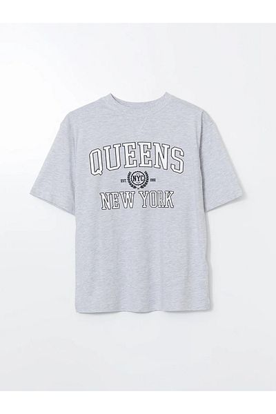 LC Waikiki Xside Gray New York Printed Oversize Women's T-Shirt