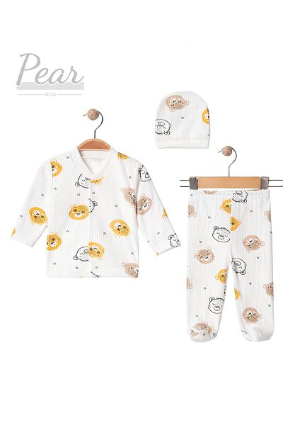 Pear Wear Baby Bear Patterned 3-Piece Hospital Release 100% Cotton 3-Piece Organic Baby Set