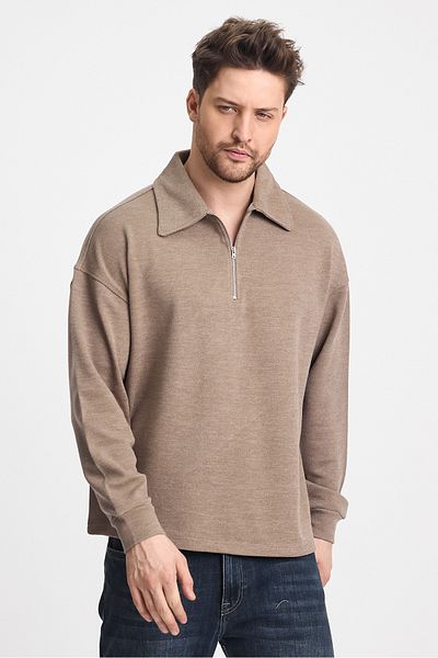 cotside Pique Fabric Men's Polo Neck Oversize Half Zipper Sweatshirt