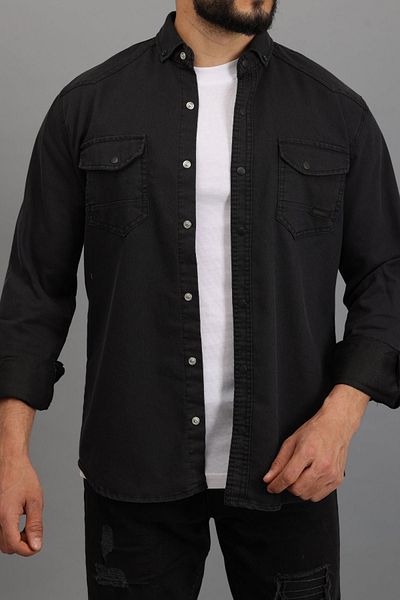 Ofzensport Ανδρικό βαμβακερό τζιν πουκάμισο Smoked Slim Fit με διπλή τσέπη