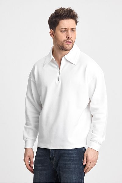 cotside Pique Fabric Men's Polo Neck Oversize Half Zipper Sweatshirt