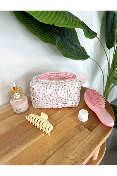 Punchiess Geantă de machiaj florală crocantă roz de dimensiuni mici