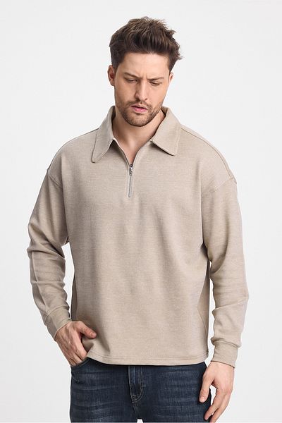 cotside Pique Fabric Men's Polo Neck Oversize Half Zipper Sweatshirt