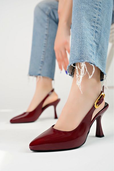 moun shoes Women's Burgundy Patent Leather Pointed Heeled Shoes
