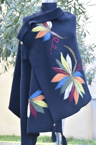 AYNALI BOHÇA Black Wool Embroidered Knitting Etol Shoulder Shal