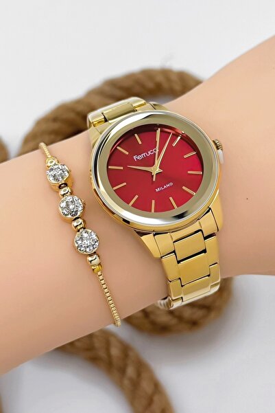 Ferrucci Gold-Red Women's Wristwatch - Stylish Steel Band & Case, Original Sdfer147