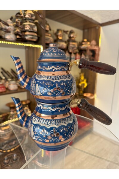 Home Erzincan Işlemeli Gerçek Bakır Çaydanlık - Demlik Seti 4 Kişilik El Yapımı Kalaylı Mavi