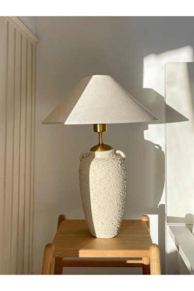 Bienohome Stoneware Taş Dokulu Seramik Abajur- Wabi Sabi Japandi Tarzı Seramik Masa Lambası- Ev Hediyesi