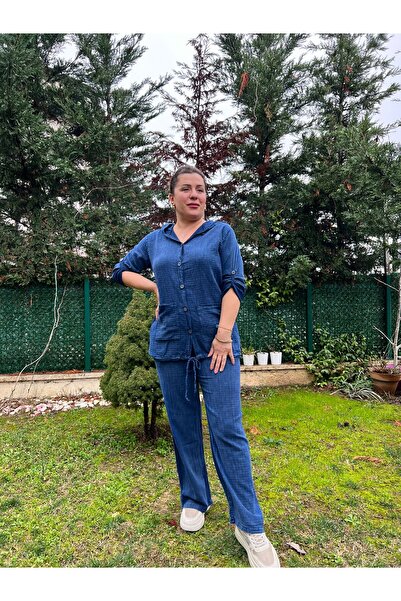 MJORA Σετ πουκάμισο και παντελόνι με κουκούλα από 100% βαμβακερό λινό ύφασμα