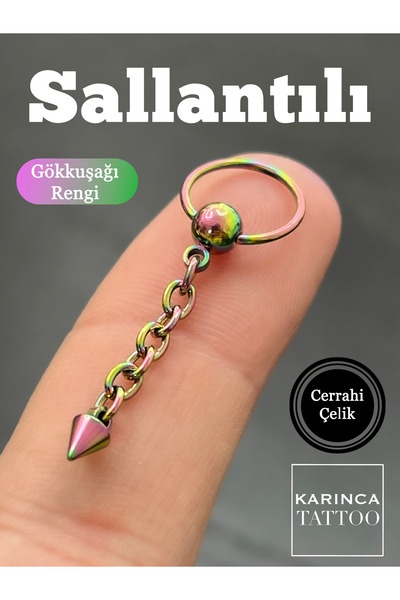 Karınca Piercing Zincir Sallantılı Spike Piercing Gökkuşağı Çelik Halka Kulak...