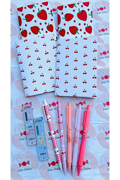 ÖZ KIRTASİYE Çilek🍓Kiraz 🍒 0.7 Uçlu Kalem Defter Seti - (5uçlu kalem-4defter-2uç)