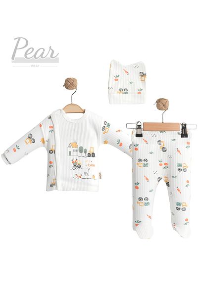 Pear Wear Farm Patterned 3-Piece Hospital Release 100% Cotton 3-Piece Organic Baby Set
