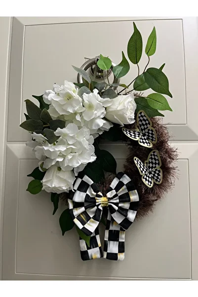 GÜLHOBİTASARIM White Hydrangea Door Ornament Mackenzie Ribbon and Door Wreath