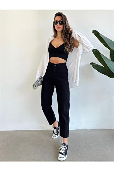 Trn JNS Julia Siyah Boyfriend Jean Kadın Solmaz Mom Toparlayıcı Kot Pantolon 2025